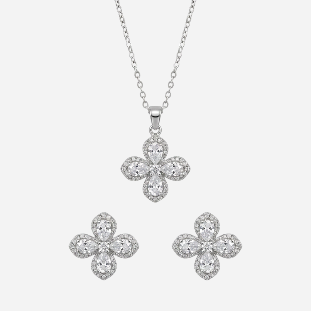 Silver Crystal Flower Necklace Set