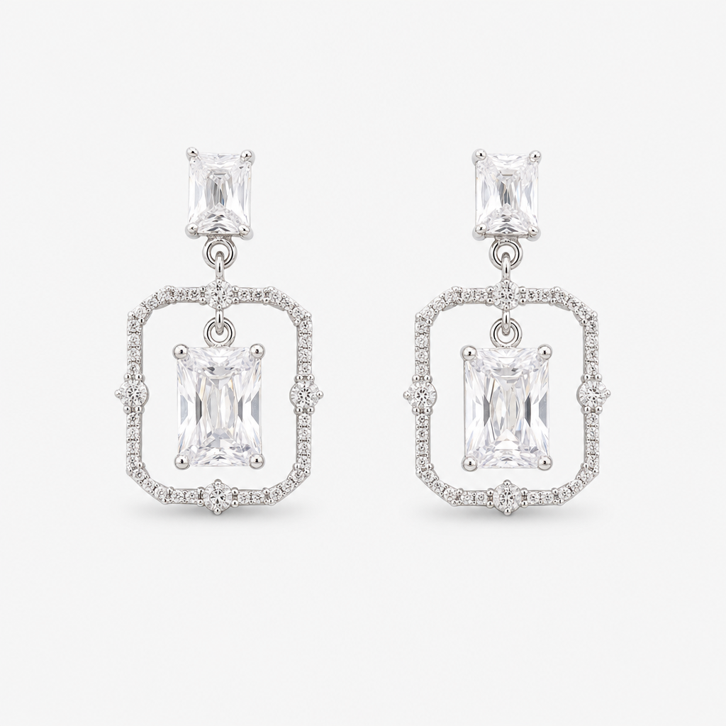 Silver Crystal Double-Rectangle Drop Earrings