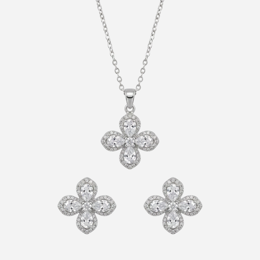 Silver Crystal Flower Necklace Set