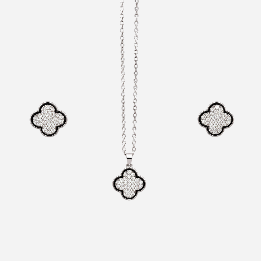 Silver Crystal Clover Pendant Set