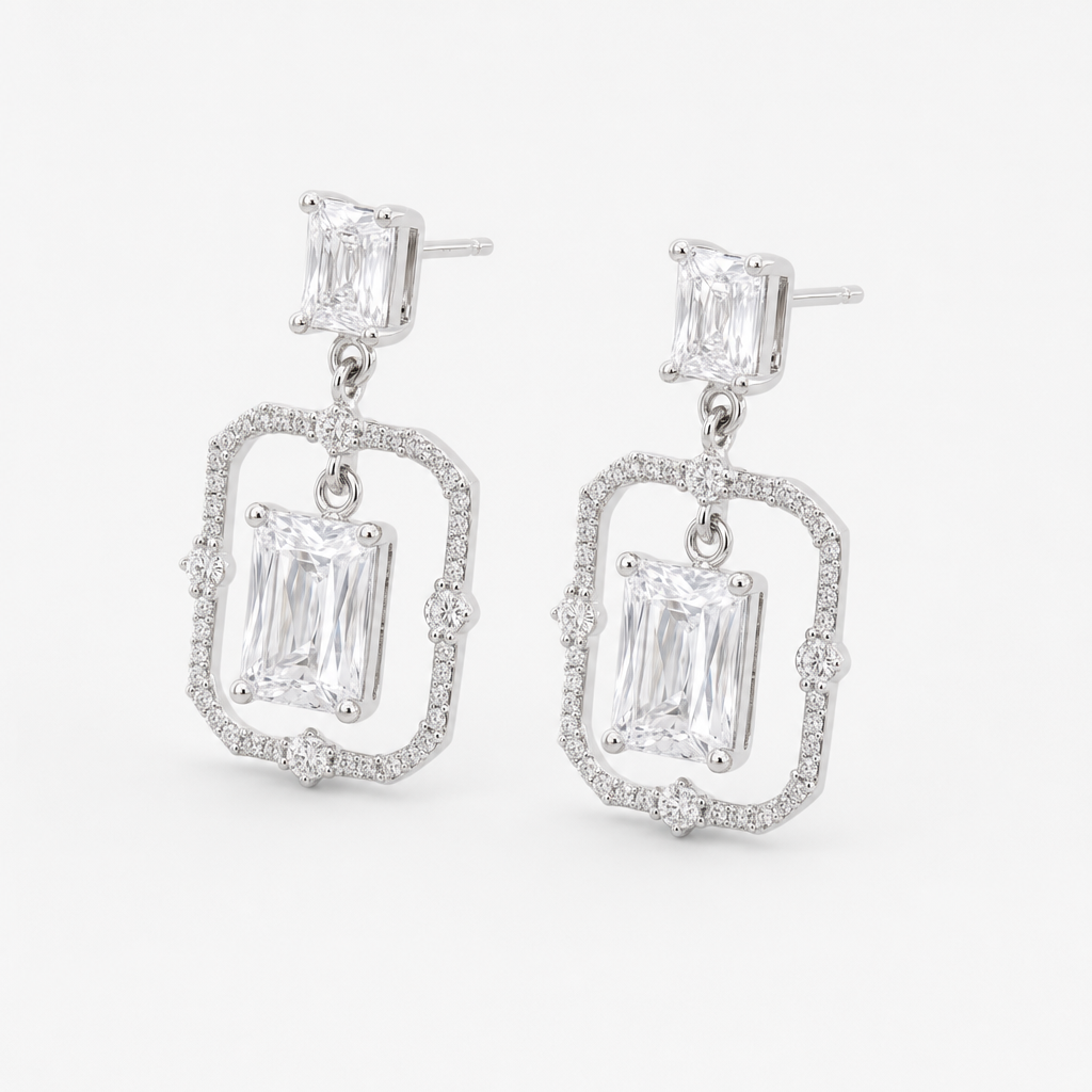Silver Crystal Double-Rectangle Drop Earrings