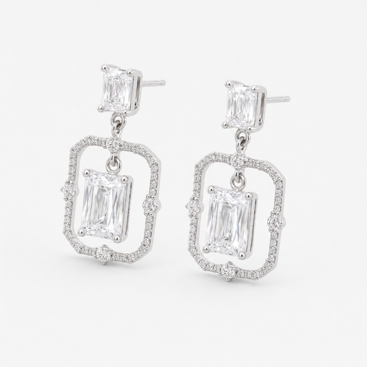 Silver Crystal Double-Rectangle Drop Earrings